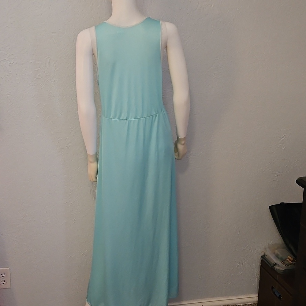 Vintage Union Made 1960s Turquoise Blue Lace Trim Satin Nightgown - Picture 8 of 10